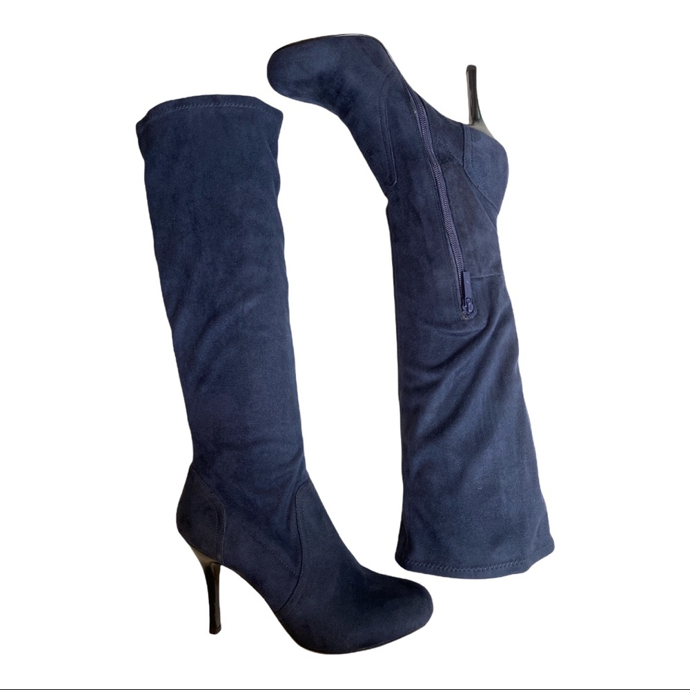 NEW NINE WEST GOFIG NAVY FABRIC BOOTS 9.5